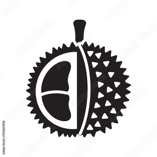 Solid glyph vector icon of a smelly durian fruit with a cross section representing an exotic tropical food from Southeast Asia with a spiky husk
