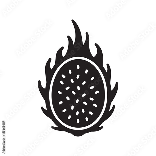 Solid glyph vector icon of a dragon fruit with a vibrant cross section representing an exotic tropical pitaya fruit for a healthy sweet diet