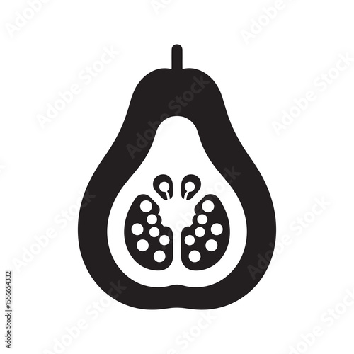Solid glyph vector icon of a papaya fruit with a cross section showing seeds representing a healthy tropical food and sweet exotic snack