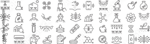 ベクターでモノクロのスマート農業に関する線画アイコンセット
