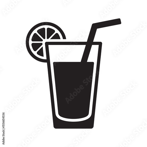 Solid glyph vector icon of a glass of juice with a lemon slice and straw representing a fresh fruit beverage and a cold summer drink