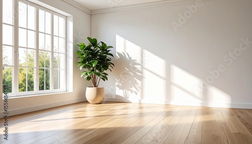 木製の床と観葉植物、窓から差し込む光が爽やかなリビング
