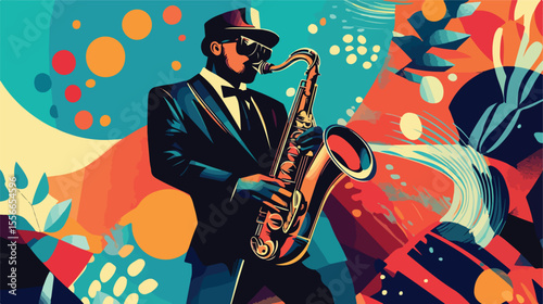 Vibrant Jazz Festival with Saxophone Flat Vector Illustration