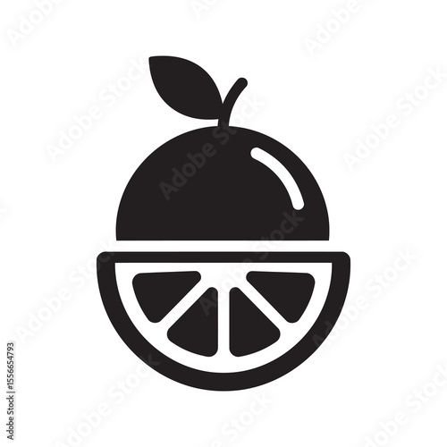 Solid glyph vector icon of a fresh orange fruit with a slice representing a healthy citrus food with vitamin C and a juicy sweet snack