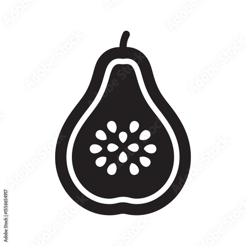 Solid glyph vector icon of a fresh pear fruit with a leaf representing a sweet and healthy food for a balanced diet and organic snack