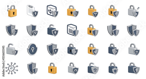 Vector Icons Set of 3D Rendered Security Icons Padlocks Shields and Data Protection Concepts. Vector Illustrations. EPS Editable