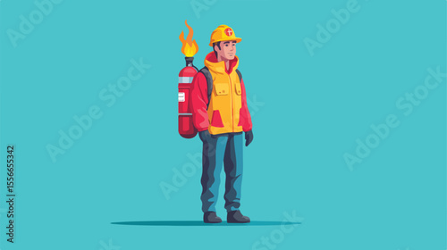 Professional Firefighter with Extinguisher Flat Vector Illustration