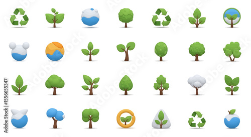 Vector Icons Set of Collection of 3D Rendered Green Eco Icons Trees Plants and Recycling Symbols. Vector Illustrations. EPS Editable