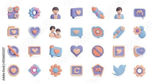 Vector Icons Set of Collection of 3Drendered pastelcolored social media icons and symbols. Vector Illustrations. EPS Editable