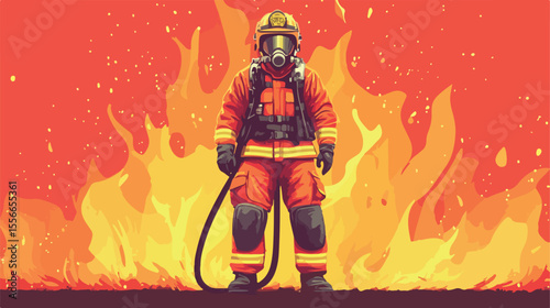 Professional Firefighter with Hose Flat Vector Illustration