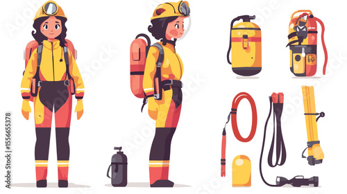 Professional Female Firefighter with Extinguisher Flat Vector Illustration