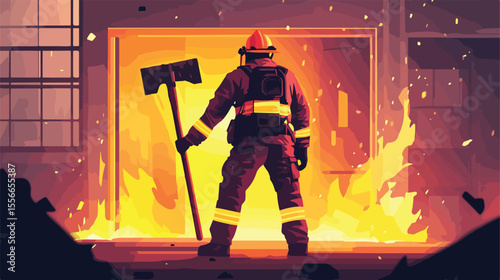 Professional Firefighter Working with Axe - Flat Vector Illustration