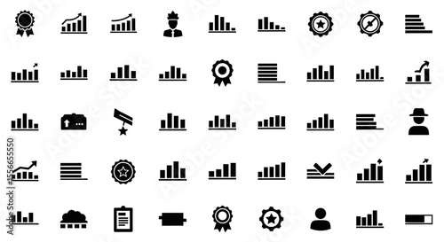 Vector Icons Set of Collection of Black Glyph Icons Bar Charts Progress Graphs Awards and User Symbols. Vector Illustrations. EPS Editable