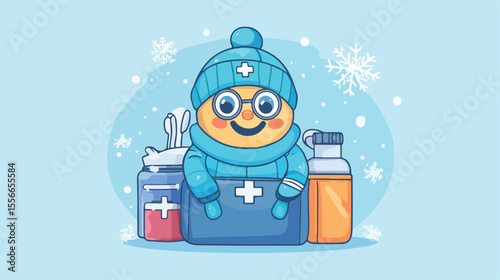 Winter Cartoon Character with First Aid Kit, Cold Weather Medical Supplies