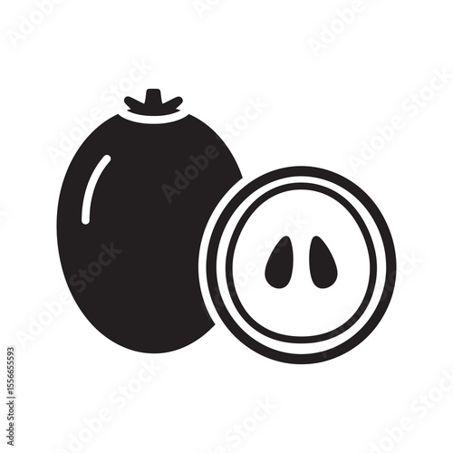 Solid glyph vector icon of a sapodilla fruit with a cross section showing seeds representing a sweet and grainy tropical food for dessert