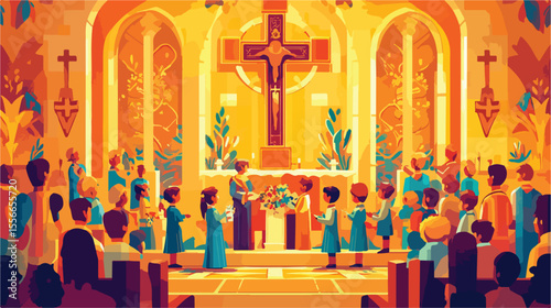 First Communion Catholic Cross Flat Vector Illustration