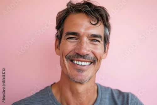 Close up portrait of a handsome mature man smiling against a pink background
