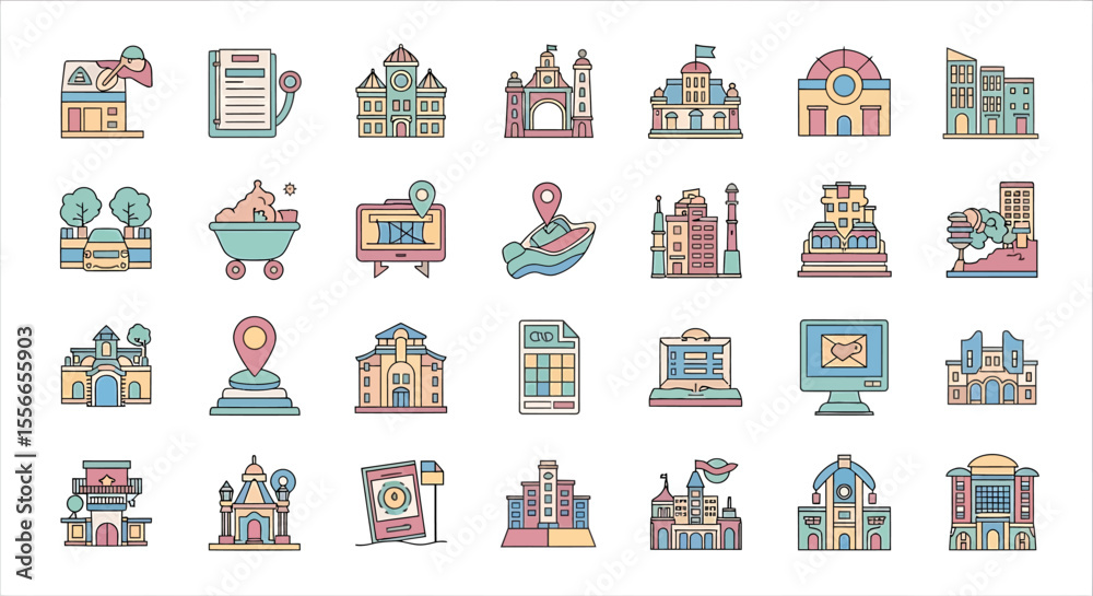 Fototapeta premium Vector Icons Set of Collection of Colorful Architectural and Urban Planning Icons with Outline Style. Vector Illustrations. EPS Editable