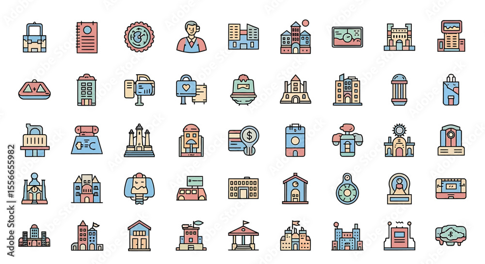 Fototapeta premium Vector Icons Set of Collection of Colorful Flat Design Building Icons. Vector Illustrations. EPS Editable