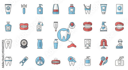 Vector Icons Set of Collection of Colorful Dental Care Icons Showing Various Tools and Supplies. Vector Illustrations. EPS Editable