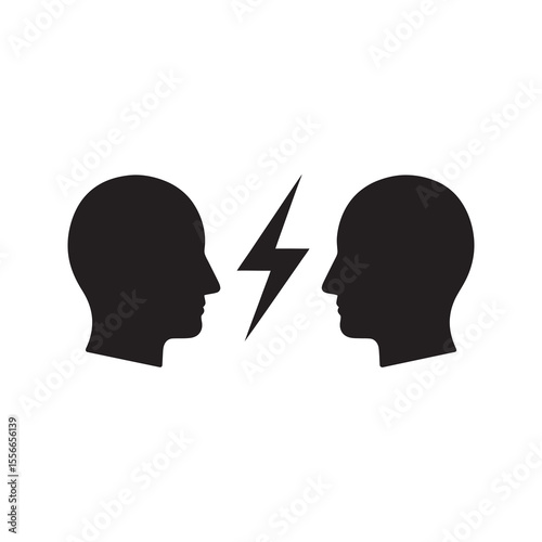 Conflict solid glyph icon with two heads and lightning bolt representing argument debate disagreement and confrontation business communication clash vector