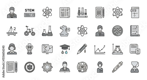 Vector Icons Set of Collection of GrayScale STEM Icons Education Science Technology Engineering Mathematics Symbols. Vector Illustrations. EPS Editable