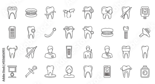 Vector Icons Set of Collection of Outline Dental Icons Showing Teeth Equipment and Professionals. Vector Illustrations. EPS Editable