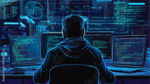 Professional Male Coder Working in Flat Design Vector Illustration