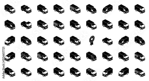 Vector Icons Set of Isometric Black Delivery Trucks and Award Badge Icons Collection. Vector Illustrations. EPS Editable
