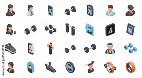Vector Icons Set of Isometric Dumbbell Set Black Weights with Silver Bar for Fitness Training. Vector Illustrations. EPS Editable