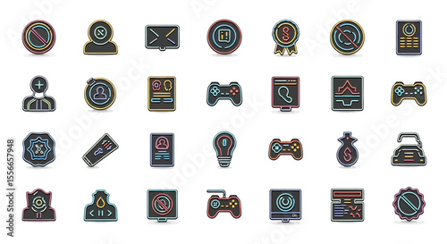 Vector Icons Set of Neonoutlined Game Controller Icon with Buttons Black and Colorful Outline. Vector Illustrations. EPS Editable
