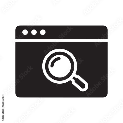 Web search solid glyph icon with browser and magnifier for online research internet exploration and finding information on a website page vector
