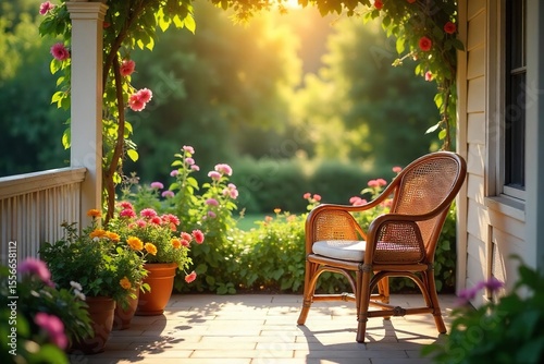 A rustic cane chair sits on a sun-drenched porch, overlooking a vibrant summer garden, bathed in golden sunlight Perfect for relaxation and summer vibes , garden, countryside, relaxation