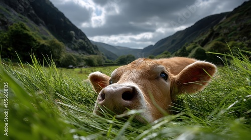 Scenic image of a cow on its back under dramatic clouds, set in a remote green valley with Welsh mountain ranges in the distance