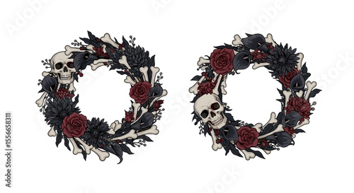 Two wreaths composed of skulls bones dark flowers and roses on a white background in a gothic style