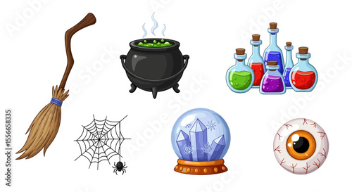 A collection of halloween themed items including a broom cauldron potions and a crystal ball displayed