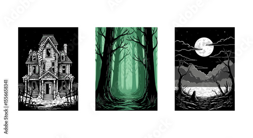 Three panels depicting a haunted house, a forest path, and a moonlit landscape in dark tones