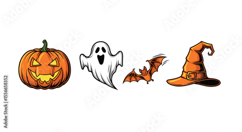 Illustration of a pumpkin, ghost, bat, and witch hat for halloween celebration in october month