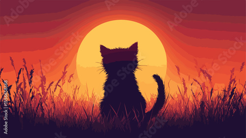 Adorable Fluffy Kitten Sitting in Grass Staring at Sunset