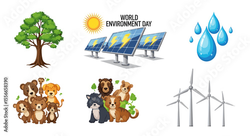 Illustration showing world environment day with animals solar panels and renewable energy sources shown
