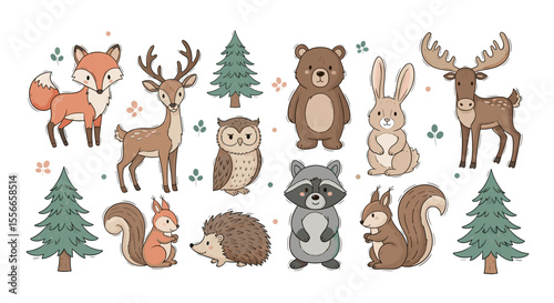 Illustration of woodland animals including a fox deer bear rabbit owl and other forest creatures artfully drawn