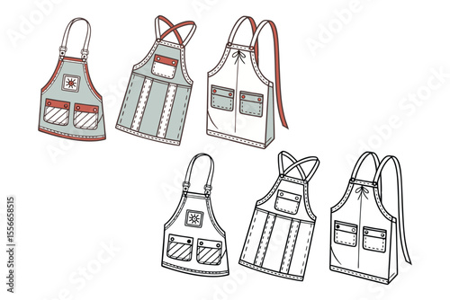 A collection of colorful and outlined kitchen aprons designed with pockets and straps ideal for cooking activities.