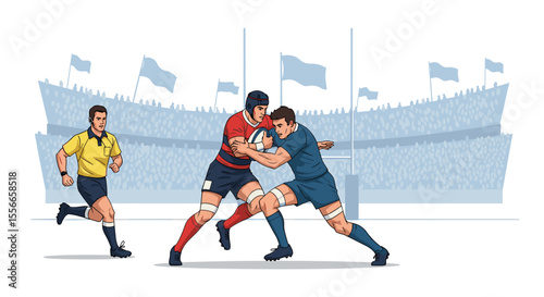 Rugby players in action with a referee watching closely in front of a stadium with waving flags