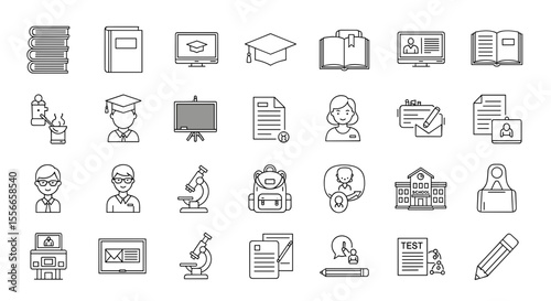 Collection of education icons including books, computers, microscopes, and school related items shown here