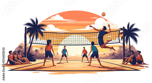 People playing volleyball on a beach with palm trees and a sunset in the background in a cartoon style