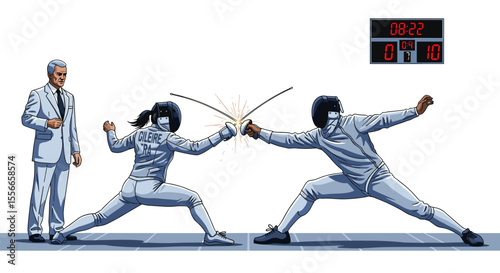 Two fencers in action with swords clashing sparks flying referee watching and scoreboard visible in background