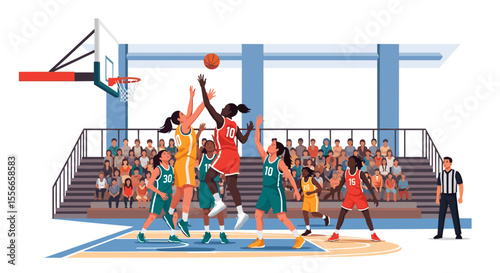 Illustration of a basketball game with female players competing for the ball in front of a crowd of people