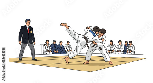 Two judokas grappling during a match with a referee and spectators in the background on a tatami mat