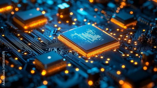 Close-up of Electronic Circuit Board with Glowing Processor