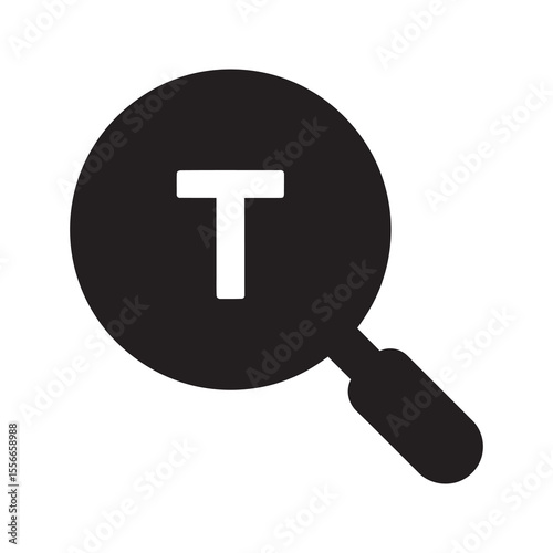Text search solid glyph icon with magnifying glass for finding keyword content analysis and document information retrieval tool symbol vector